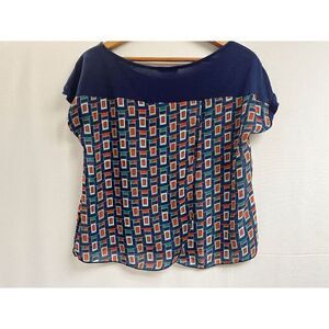 Edge Womens Short Sleeve Blouse Blue Geometric 100% Polyester Size Small